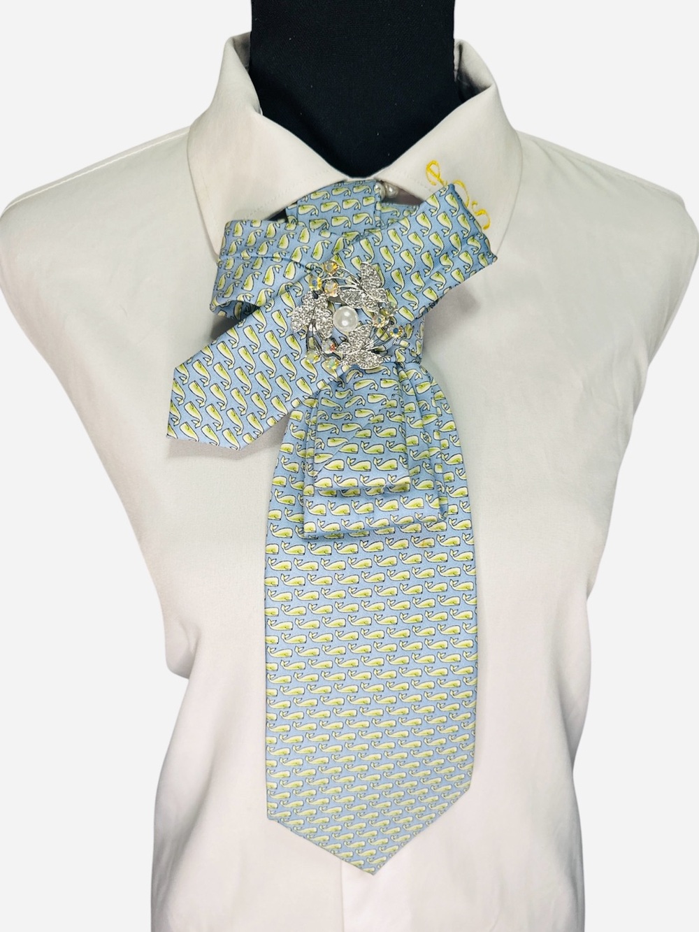 Handmade Silk Necktie in Light Blue/Green Whale Design featuring Diamond Brooch